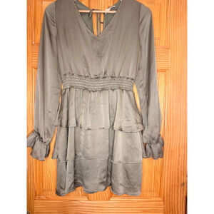 Alter’d State Sage Green Tiered Mini Dress Smocked Waist Long Sleeve Size M
